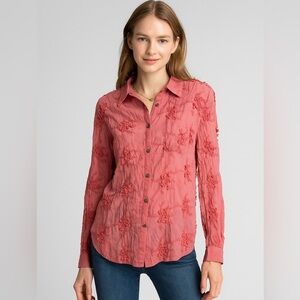 NWT Aratta Silent Journey Embroidered Button Up Top XS Coral Artsy Boho Festival